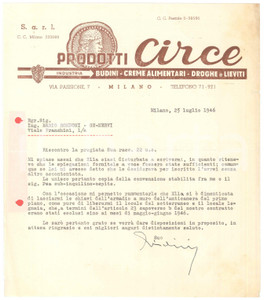 Documento originale, autentico 1946 MILANO via Passione 7  Prodotti CIRCE Budini e creme  Lettera 1