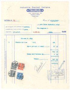 Documento originale, autentico 1943 TORINO Via Lagrange 29  Industrie Dentali Italiana TAURUS Fattura moldina 1