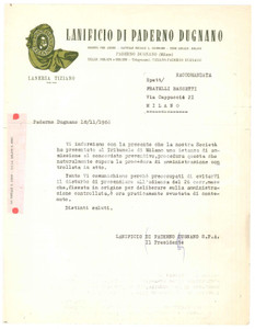 Documento originale, autentico 1966 LANIFICIO DI PADERNO DUGNANO MI Laneria Tiziano  Lettera concordato 1