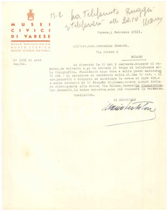 Autografo originale 1940 Musei Civici di VARESE  Lettera direttore Mario BERTOLONE AUTOGRAFO 1