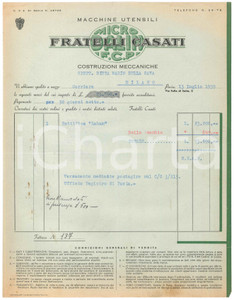 Documento originale, autentico 1939 PAVIA Fratelli CASATI Macchine utensili  Costruzioni meccaniche Fattura 1