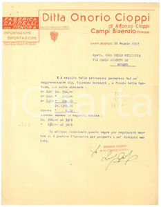 Documento originale, autentico 1939 CAMPI BISENZIO  Ditta Onorio CIOPPI Cappelli per signora  Lettera 1