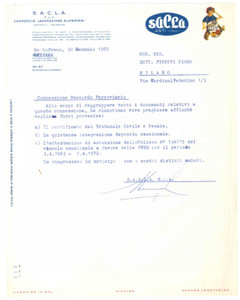 Documento originale, autentico 1965 ROTTOFRENO PC Ditta SACLA  Alimentari Lettera commerciale 1