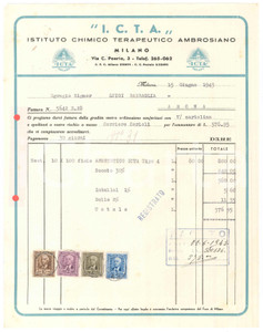 Documento originale, autentico 1943 MILANO Via Poerio  ICTA Istituto Chimico Terapeutico Ambrosiano Fattura 1