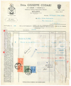 Documento originale, autentico 1943 MILANO Via Valassina 16  Ditta Giuseppe CODARI Apparecchi dentali Fattura 1