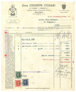 Documento originale, autentico 1945 MILANO Via Valassina 16  Ditta Giuseppe CODARI Apparecchi dentali Fattura 1