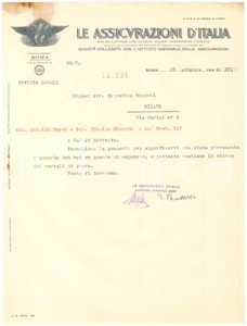 Documento originale, autentico 1940 ROMA Via S. Basilio 14  LE ASSICURAZIONI D ITALIA  Lettera commerciale 1