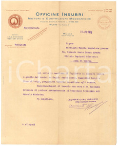 Documento originale, autentico 1916 MILANO Via Padova 13  OFFICINE INSUBRI  Motori Lettera 1