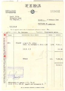 Documento originale, autentico 1944 MILANO Corso Vittorio Emanuele  FIDA Fabbrica Denti Artificiali Fattura 1