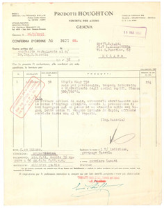 Documento originale, autentico 1953 GENOVA Via Petrarca 2  Prodotti HOUGHTON  Conferma d ordine sale 1