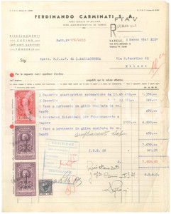 Documento originale, autentico 1941 VARESE  Ditta Ferdinando CARMINATI riscaldamenti e cucine Fattura 1
