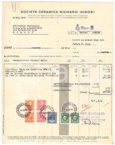 Documento originale, autentico 1941 MILANO via Bigli 1   SocietÃ  ceramica RICHARDGINORI  Fattura piastrelle 1
