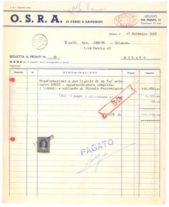 Documento originale, autentico 1958 MILANO via Filelfo  O.S.R.A. di CERRI & SANDRINI Fattura autocarro ROMEO 1
