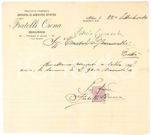 Documento originale, autentico 1910 MILANO Piazza d Armi 68  FRATELLI ORENA Oreficeria  Ricevuta manoscritta 1