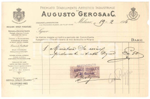 Documento originale, autentico 1916 MILANO via Albani 20  Augusto GEROSA & C.  Fattura per miniatura 1