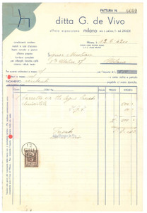 Documento originale, autentico 1942 MILANO Via T. Salvini 1  Ditta G. DE VIVO arredamenti Fattura carrello 1
