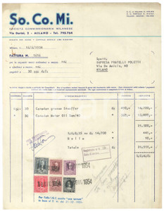 Documento originale, autentico 1954 MILANO Via Durini 2  SO.CO.MI. Commissionaria Milanese  Fattura 1