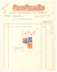 Documento originale, autentico 1954 TRADATE VA  CASTELLI Cesare & Figli costruzioni in ferro  Fattura 1