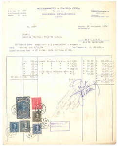 Documento originale, autentico 1954 LECCO  Successori Paolo CIMA industria metallurgica  Fattura 1