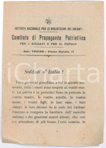 Documento originale, autentico 1915 ca WW1  TORINO Ist. per le biblioteche dei soldati  Comitato propaganda 1