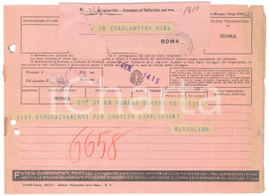 Documento originale, autentico 1938 ROMA Telegramma Benito MUSSOLINI a Franco CIARLANTINI  Ringraziamenti 1