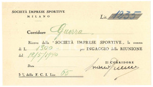 Autografo originale 1940 CICLISMO Milano VIGORELLI Ricevuta Learco GUERRA per corsa AUTOGRAFO 1