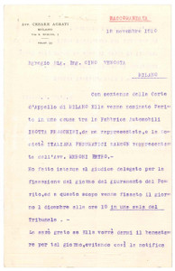 Manoscritto, lettera originale 1910 MILANO Lettera studio avv. Cesare AGRATI per nomina di un perito 1