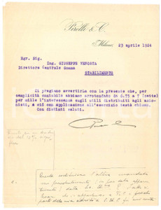 Autografo originale 1924 MILANO  Autografo Giovanni Battista PIRELLI  Lettera su utili distribuiti 1