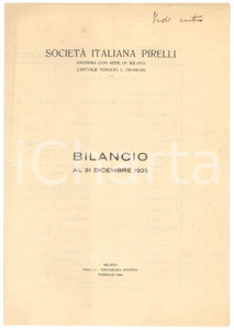 Documento originale, autentico 1926 MILANO  SocietÃ  Italiana PIRELLI  Bilancio al 31 dicembre 1925 1