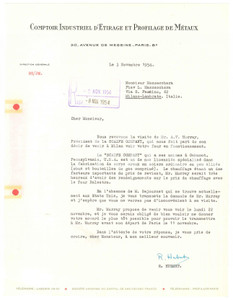 Documento originale, autentico 1954 PARIS Comptoir Etirage Profilage Métaux  Lettre R. HUBERT Autographe 1