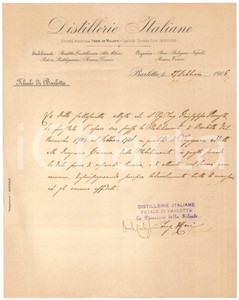 Documento originale, autentico 1906 BARLETTA  DISTILLERIE ITALIANE  Lettera di referenze per ingegnere 1