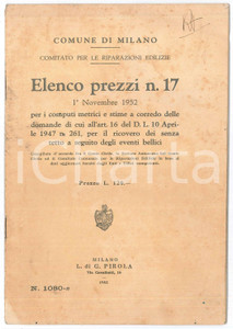 Libro, pubblicazione d epoca 1952 COMUNE DI MILANO Elenco prezzi nÂ°17 per stime senzatetto eventi bellici 1
