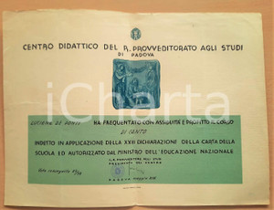Oggetto da collezione cartaceo 1941 PADOVA Provveditorato agli Studi  Attestato Corso di canto 1