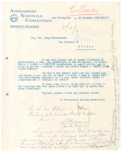 Documento originale, autentico 1939 ANC SAN PELLEGRINO TERME  Lettera cav. COLLEONI per Tempio Caduti 1