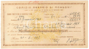 Documento originale, autentico 1927 COMIZIO AGRARIO DI MONDOVÃŒ Buono fruttifero a Umberto MONTEZEMOLO 24x13 cm 1