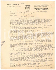 Documento originale, autentico 1950 LONDON Paul SWOLF Manufacturers  agent  Lettera per prodotti CORICAMA 1
