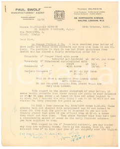 Documento originale, autentico 1950 LONDON Paul SWOLF Manufacturers  agent  Lettera per lame CORICAMA 1