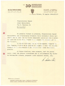 Manoscritto, lettera originale 1940 MILANO Lettera Trifone DE MICHELI  Ditta 3D Disinfestazioni Autografo 1