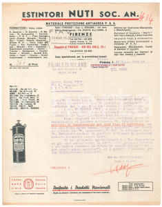Documento originale, autentico 1942 FIRENZE Estintori NUTI Offerta per la Ditta FIAV di Milano  Lettera 22x28 1
