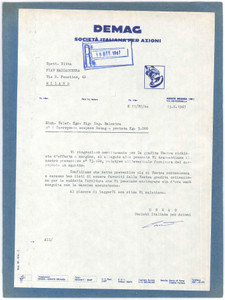 Documento originale, autentico 1967 AGRATE BRIANZA  DEMAG Preventivo per carroponte sospeso  23x31 cm 1