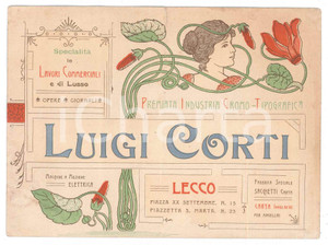 Oggetto da collezione cartaceo 1900 ca LECCO Luigi CORTI Industria tipografica Biglietto Liberty DANNEGGIATO 1