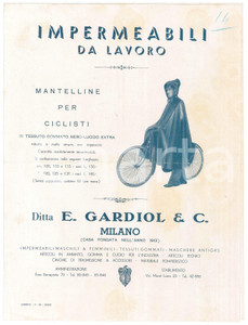 Materiale pubblicitario d’epoca 1938 MILANO Ditta E. GARDIOLI  Impermeabili  Mantelle per ciclisti Pieghevole 1