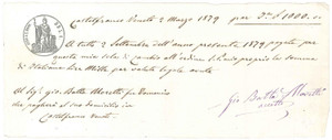 Oggetto da collezione cartaceo 1879 CASTELFRANCO VENETO TV Cambiale per Giovanni Battista MORETTI 1