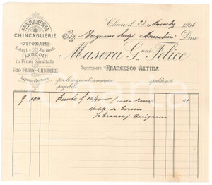 Documento originale, autentico 1904 CHIERI TO MASERA Giovanni Felice succ. ALTINA  Ferramenta  Fattura 1