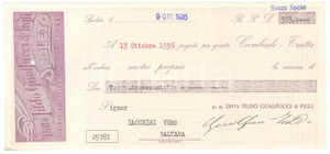 Oggetto da collezione cartaceo 1936 SPOLETO  Ditta Tildo GUALFUCCI & Figli  Cambiale pubblicitaria 1