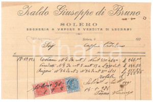 Documento originale, autentico 1920 ca SOLERO AL IRALDO Giuseppe di Bruno  Segheria a vapore  Fattura 1