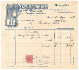 Documento originale, autentico 1928 TORINO Via Mameli 14  Vincenzo PEROSINO Vetraio e specchiaio  Fattura 1