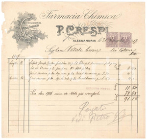 Documento originale, autentico 1917 ALESSANDRIA Farmacia Chimica P. CRESPI  Fattura intestata 1