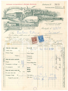 Documento originale, autentico 1955 MONTIGLIO MONERRATO  Ditta FRATELLI PIANTA Molini a cilindri  Fattura 1