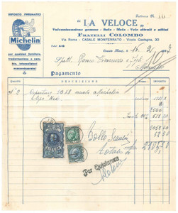 Documento originale, autentico 1937 CASALE MONFERRATO Fratelli COLOMBO  Deposito gomme MICHELIN  Fattura 1